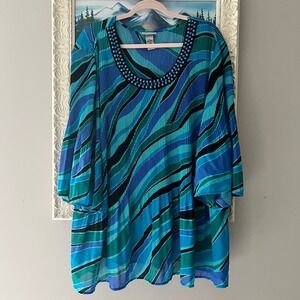 Catherines Womens Tunic Top Blue Green Abstract Print Beaded Neck 3X Plus